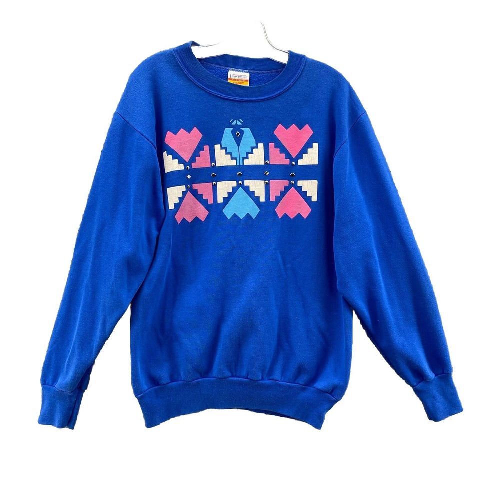 Vintage Aztec Print Sweater Women's Large Hazeelwood Premo Single Stitch Crew